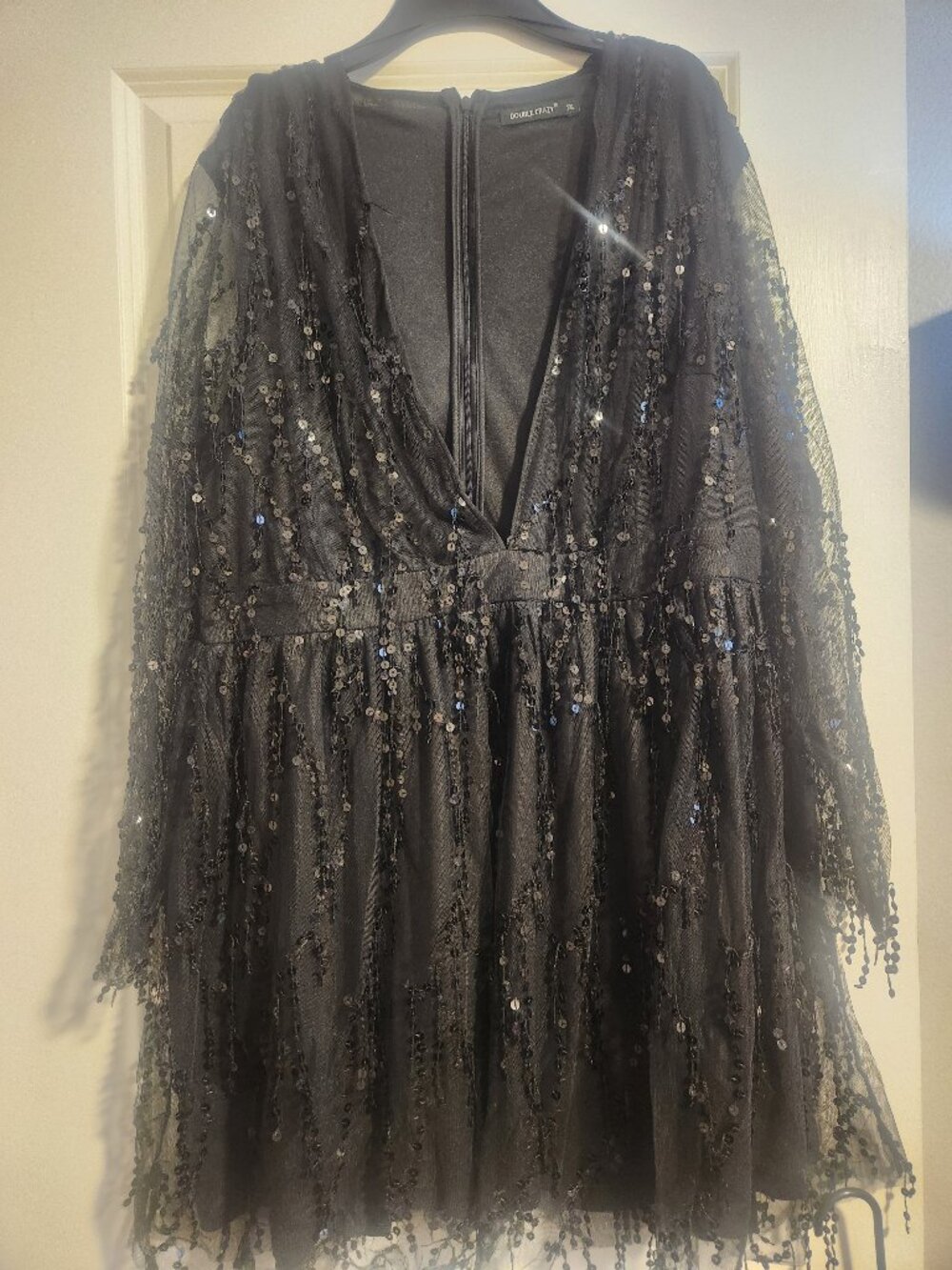 Double Crazy Black Sequin Mesh V-Neck Mini Dress | Size 2XL | Party/Holiday